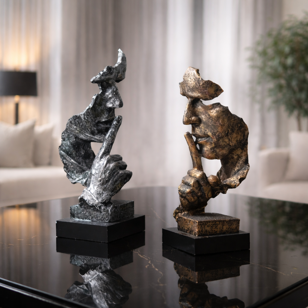 Two abstract sculptures on a reflective surface with a blurred indoor background