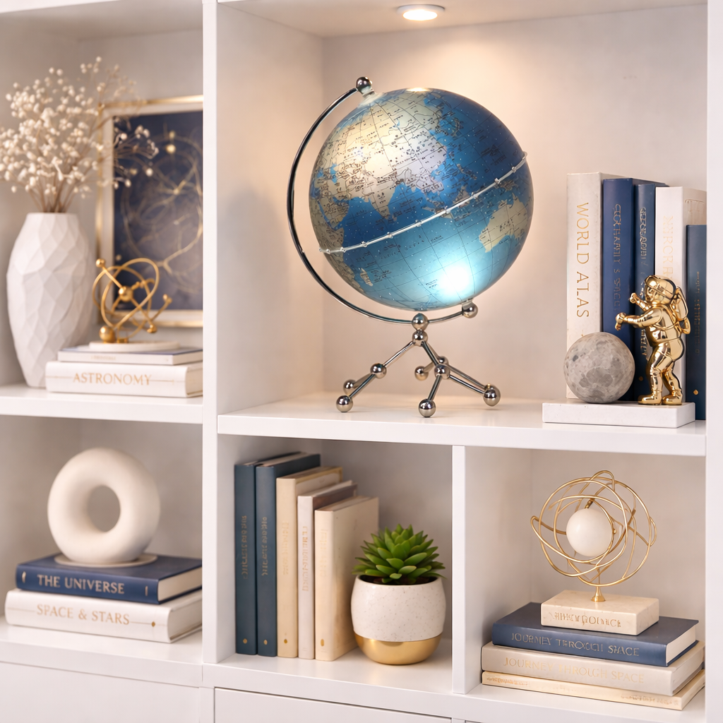 Blue globe in white shelving unit