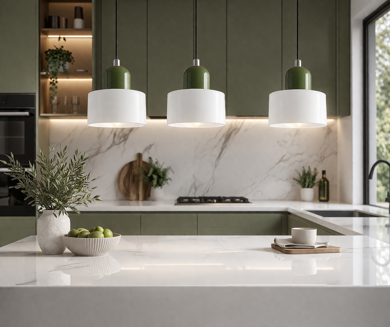 Three white glass shades with green bayonets in a green kitchen environment above a white gloss counter
