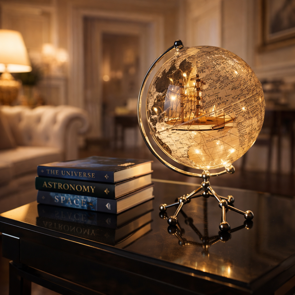 Decorative globe with glowing lights on a table in a room with books and a lamp.