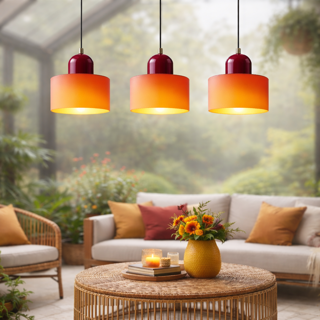 Outdoor patio with orange pendant lights, a sofa, and a coffee table with a candle and flowers.