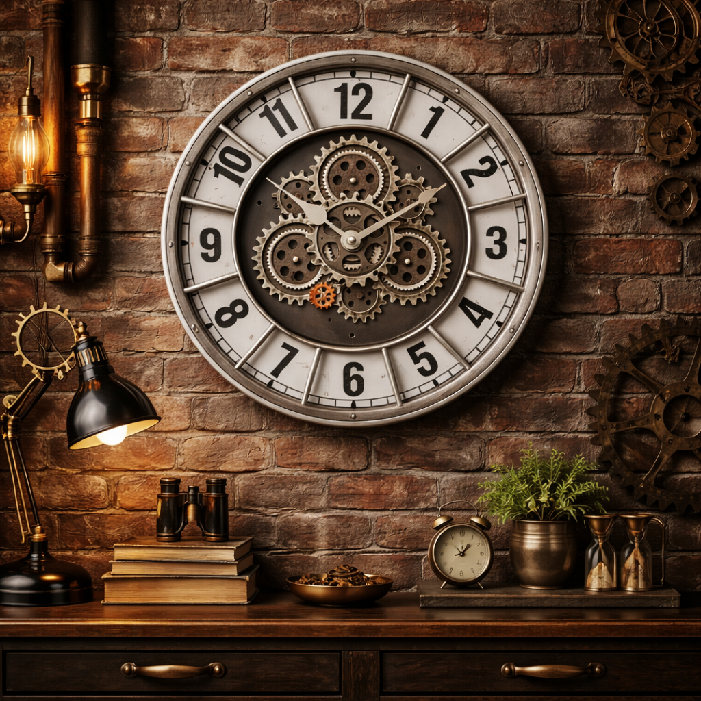 Decorative wall clock with mechanical gears on a brick wall background