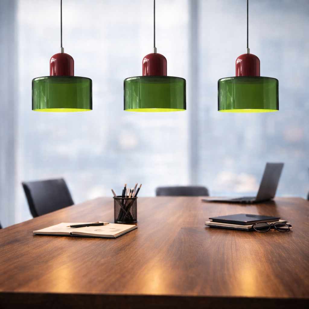 Three green shades with burgundy bayonets above a polished wooden meeting room table 