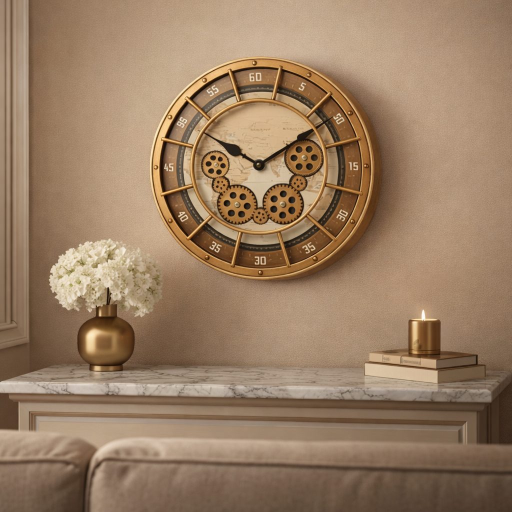 Decorative wall clock with mechanical gears on a beige wall background