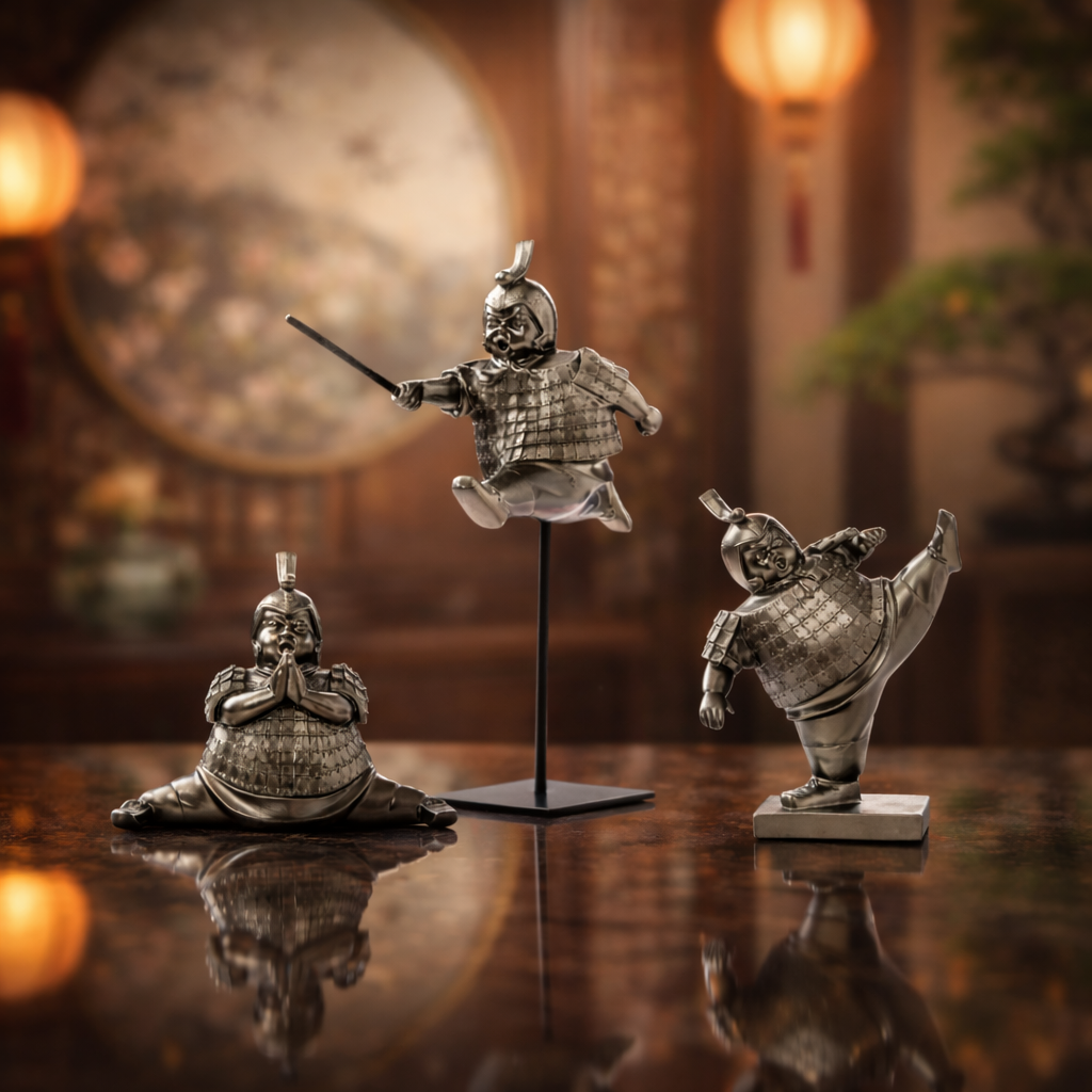 Three metallic figurines of warriors on a reflective surface with a blurred background