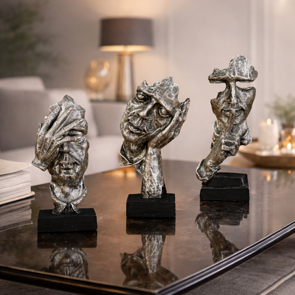 Three silver abstract sculpture heads on black stands in a living room setting.