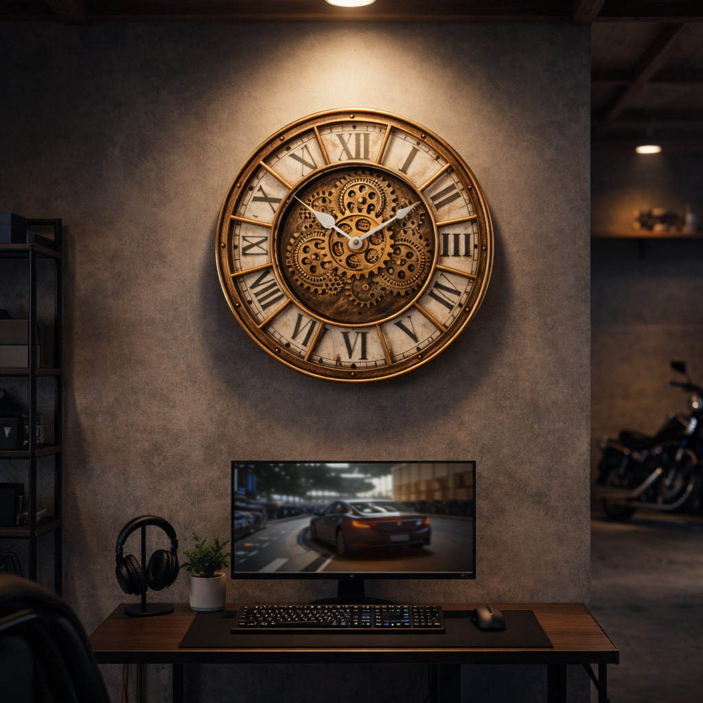 Decorative clock with Roman numerals on a wall above a desk with a computer setup.