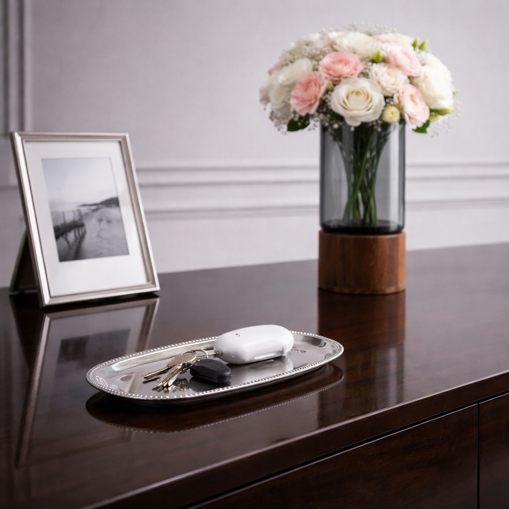 Decorative setting with a vase of flowers, photo frame, and tray on a reflective surface.