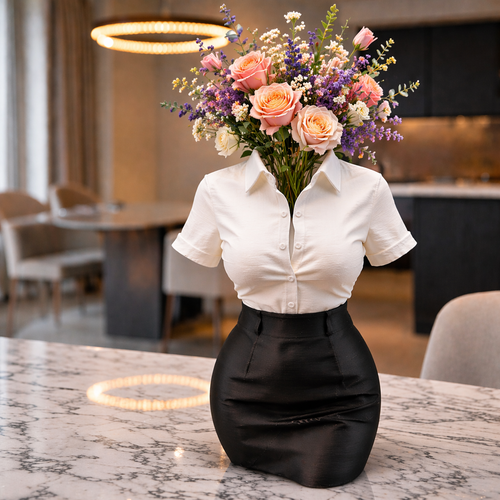 Person wearing a white shirt and black skirt with a bouquet of flowers replacing their head on a marble countertop.