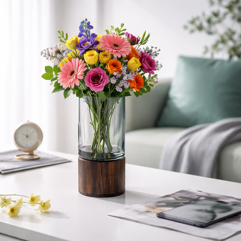 Colorful bouquet of flowers in a clear vase on a table with a couch and decor items in the background.