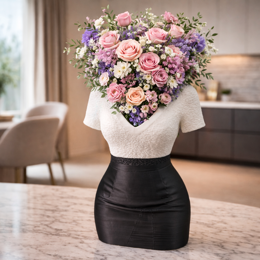 Floral arrangement shaped like a torso with a black skirt on a marble surface.