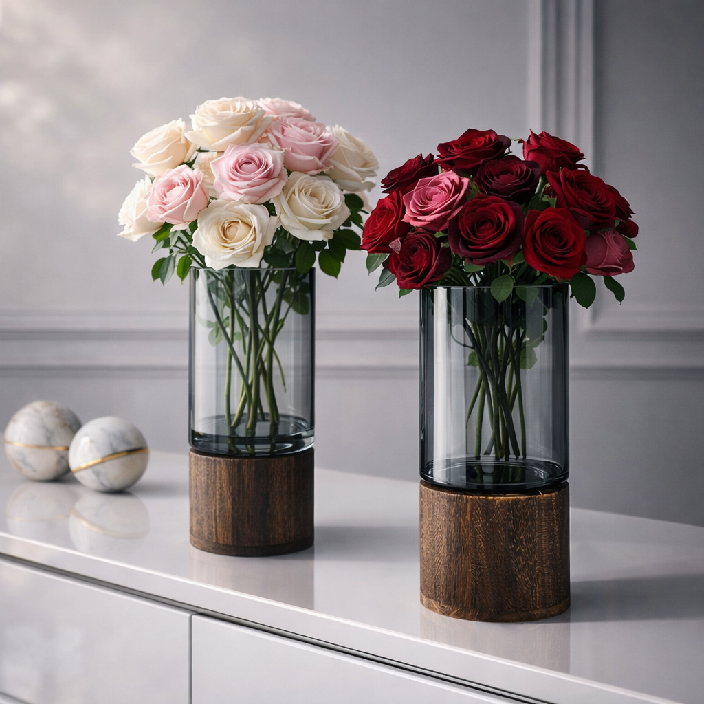 Two glass vases with wooden bases holding bouquets of roses on a reflective surface.
