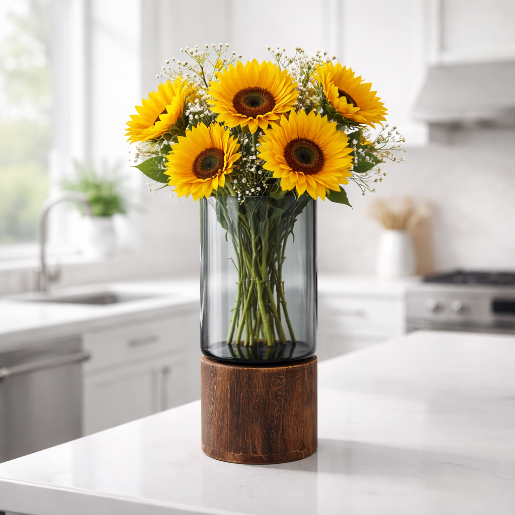 Bouquet of sunflowers in a glass vase with wooden base on a kitchen counter