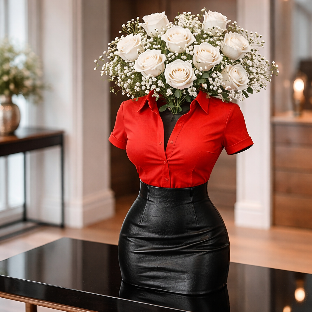 Person wearing a red shirt and black skirt with a vase of white roses on their head in an indoor setting.