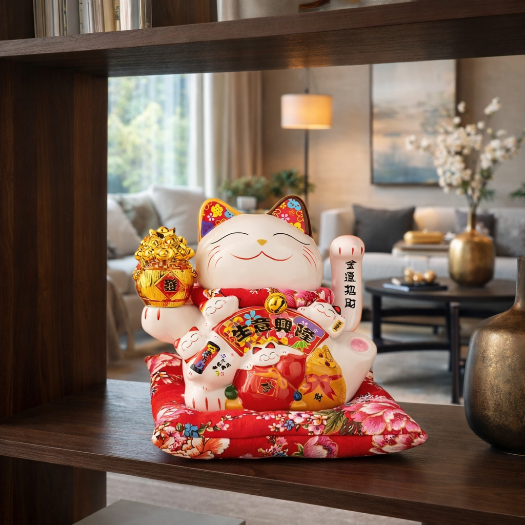 Decorative lucky cat figurine on a shelf in a living room setting
