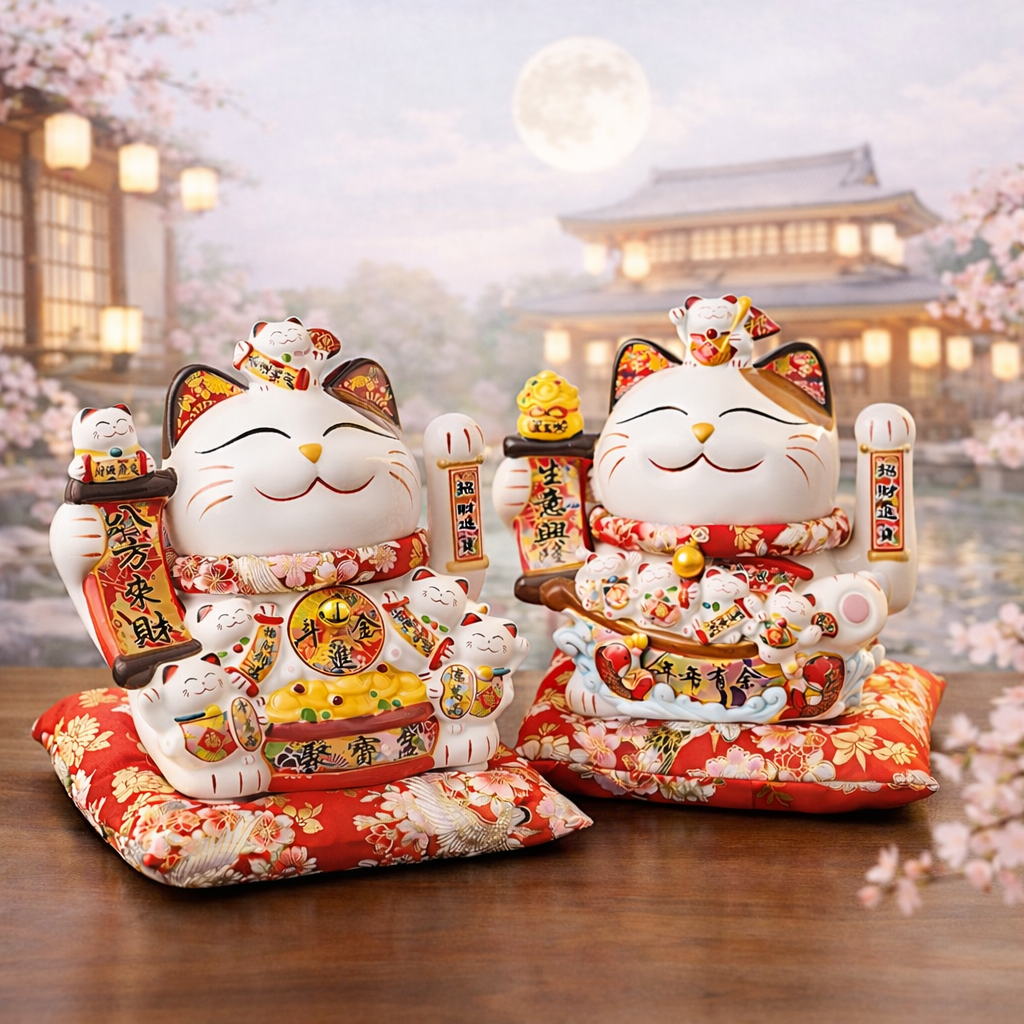 Two decorative maneki-neko cats on cushions with a traditional Japanese building and cherry blossoms in the background.