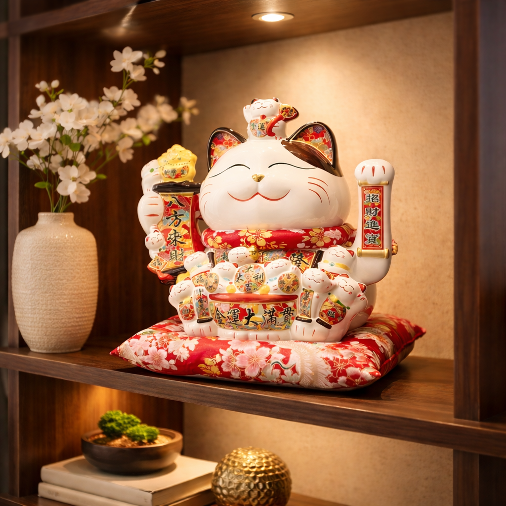 Decorative cat figurine with red and gold elements on a wooden shelf.