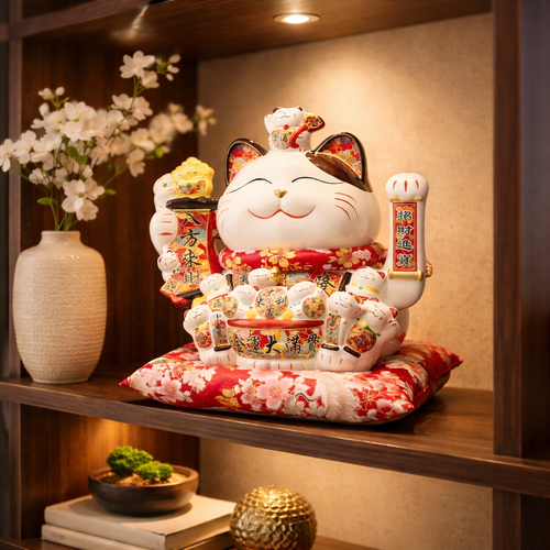 Decorative cat figurine with red and gold elements on a wooden shelf.