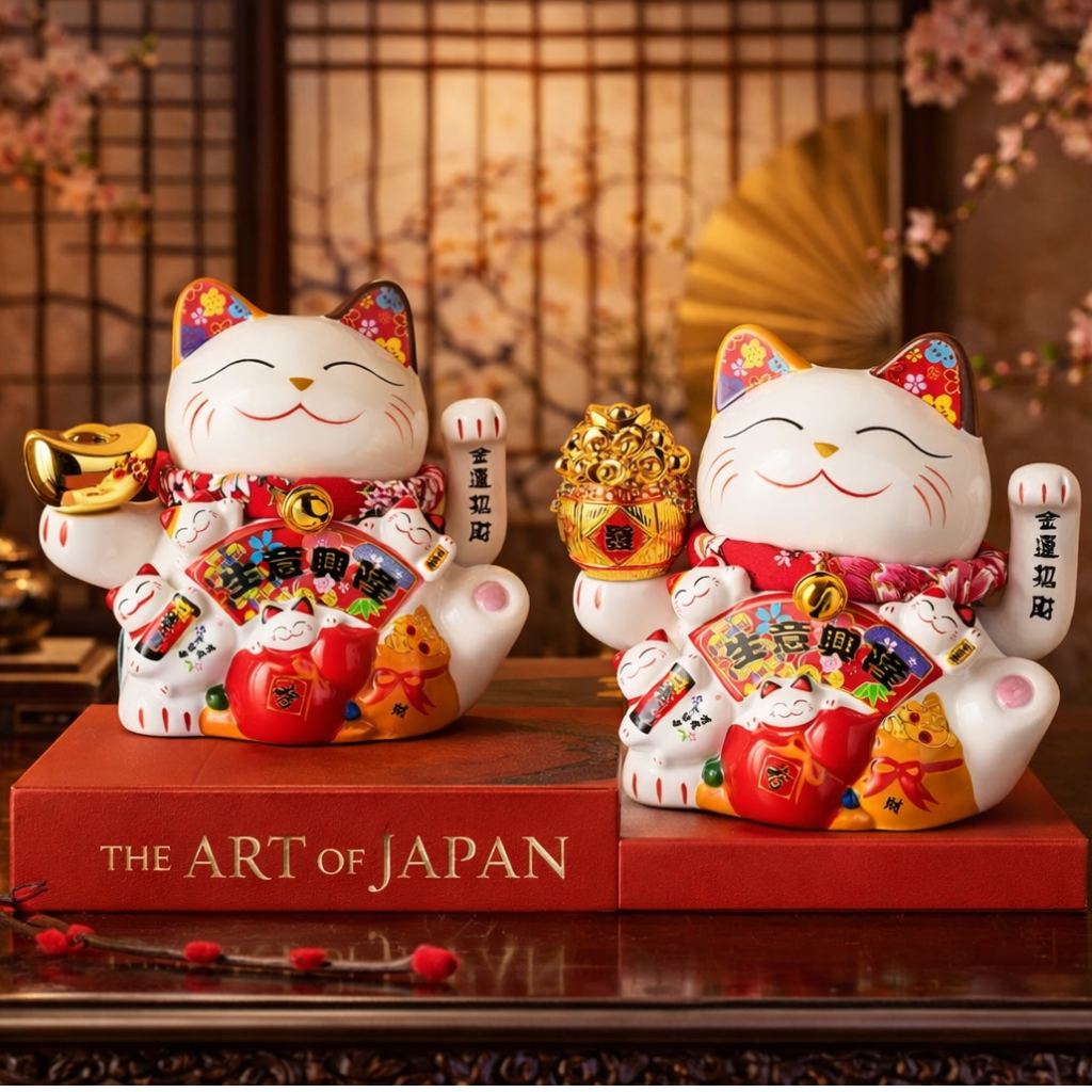 Two colorful maneki-neko cats on a book titled 'The Art of Japan' with a decorative background.