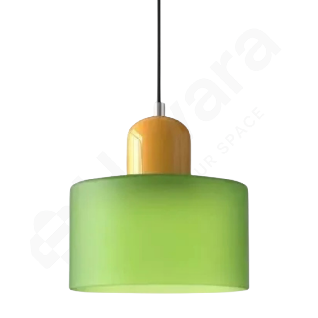 Green pendant lamp with a yellow base on a white background