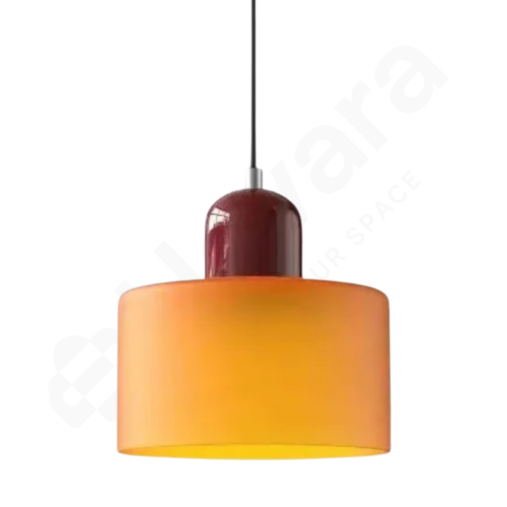 Pendant light with orange shade and maroon base on a white background