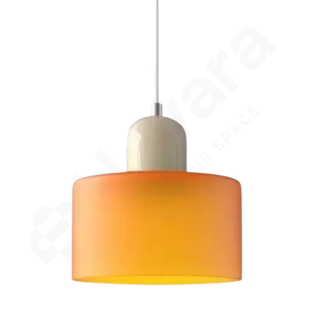 Orange pendant light with white fixture on a white background