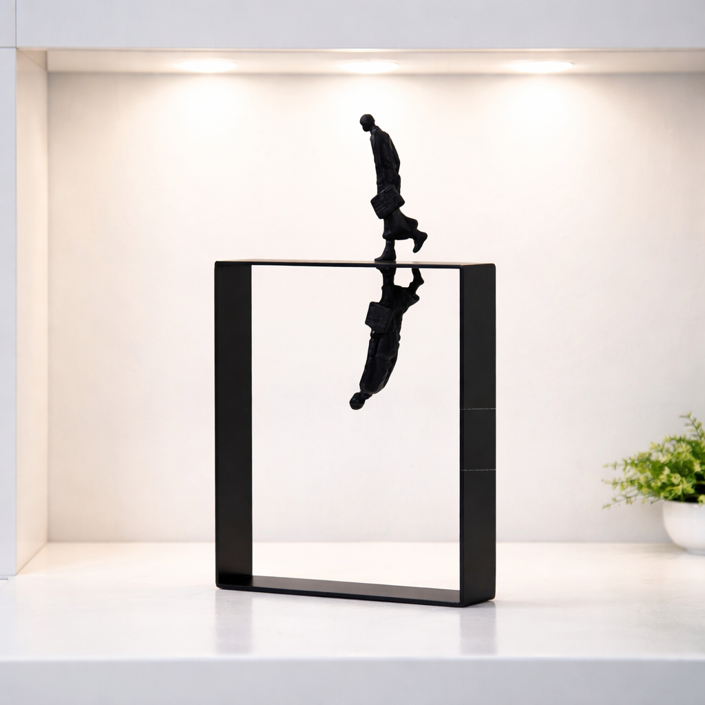Black metal sculpture of a person sitting on a table with reflection, illuminated by soft lights.