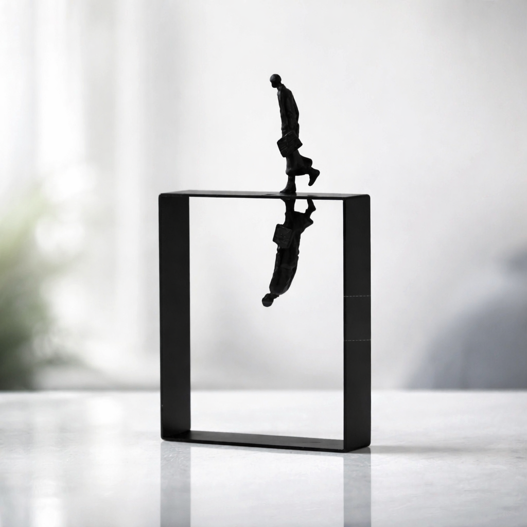 Black metal sculpture of a person in a handstand on a reflective surface with a blurred background