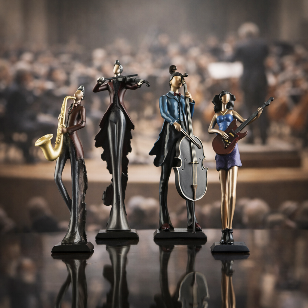 Statues of musicians with instruments on a reflective surface, blurred audience in the background