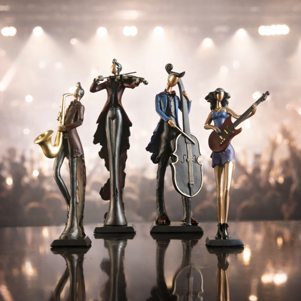 Four musical instrument figurines on a reflective surface with a blurred background