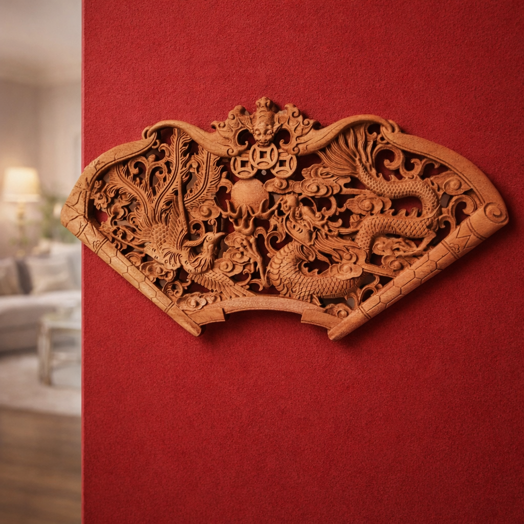 Carved wooden panel with dragon design on a red wall