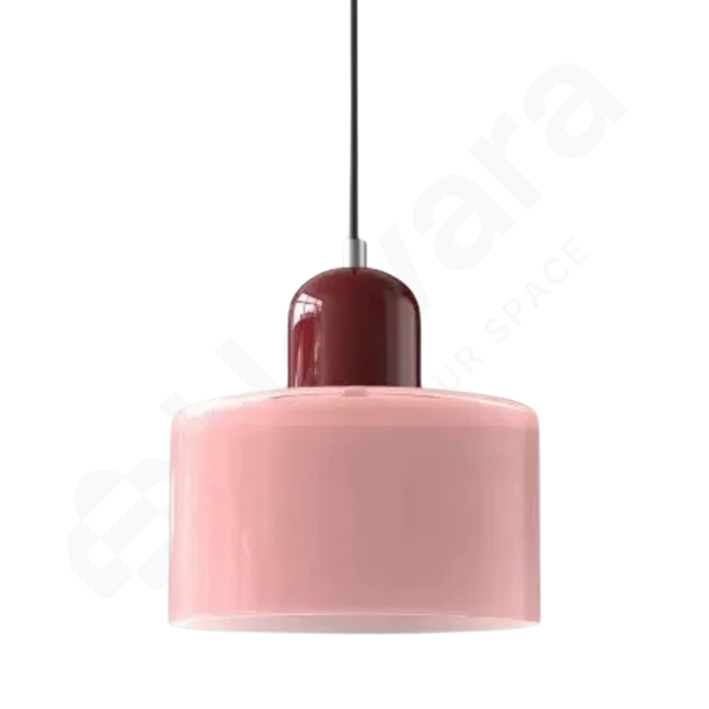 Pink pendant light with a dark red fixture on a white background