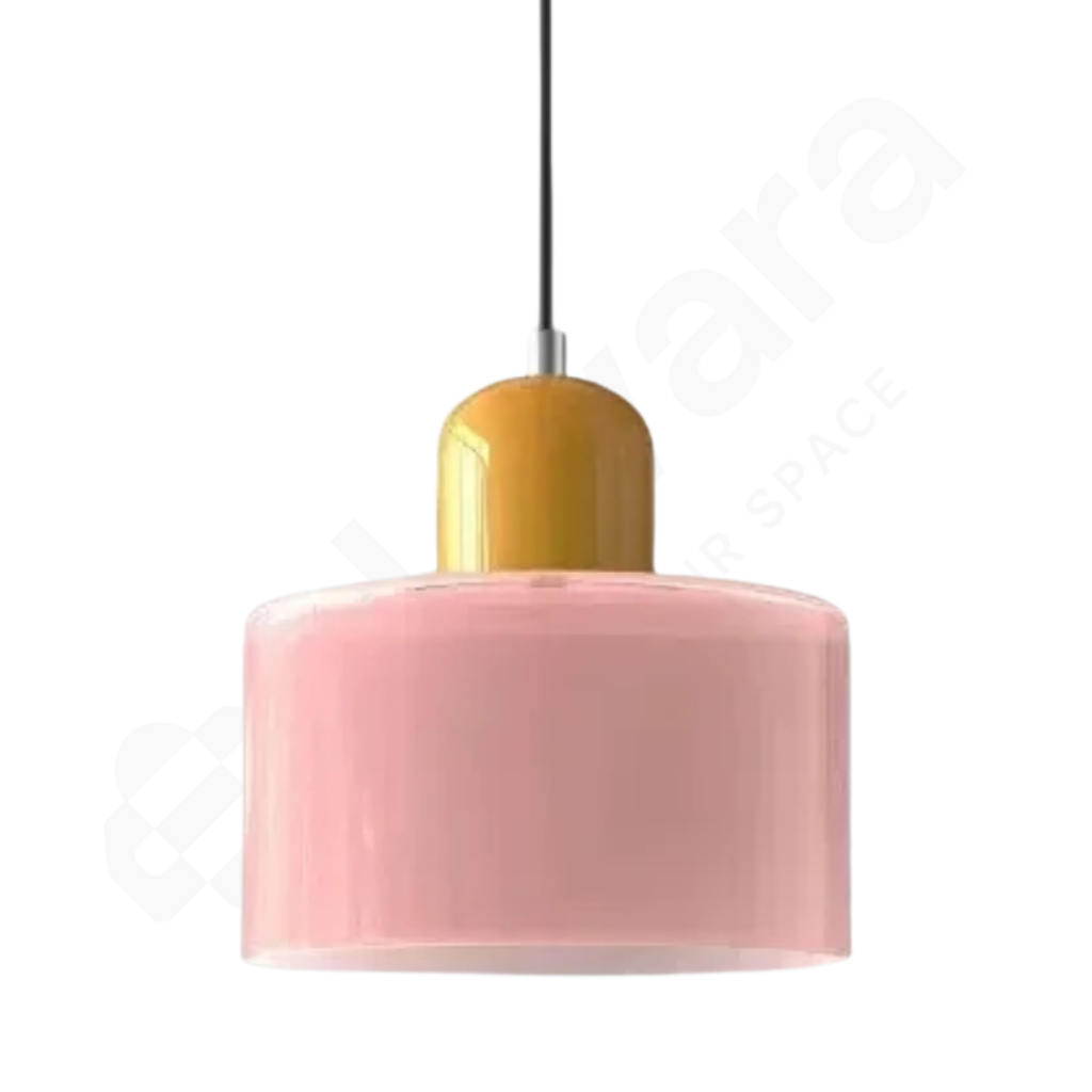 Pink pendant light with a yellow base on a white background
