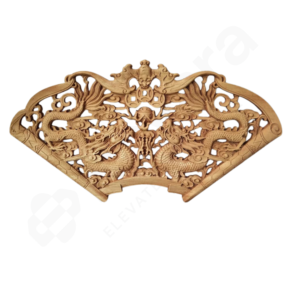 Wooden decorative panel with intricate carvings of dragons on a white background