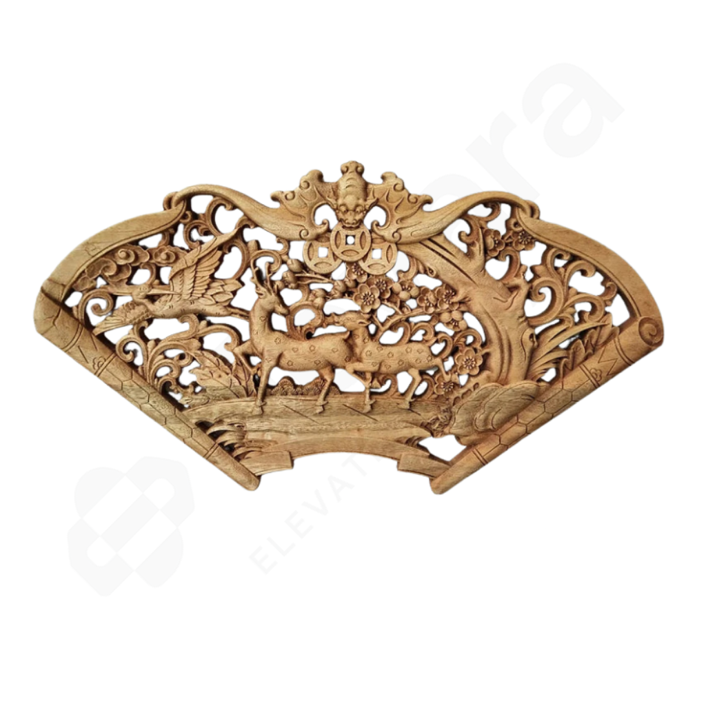 Wooden decorative panel with intricate carvings of deer on a white background