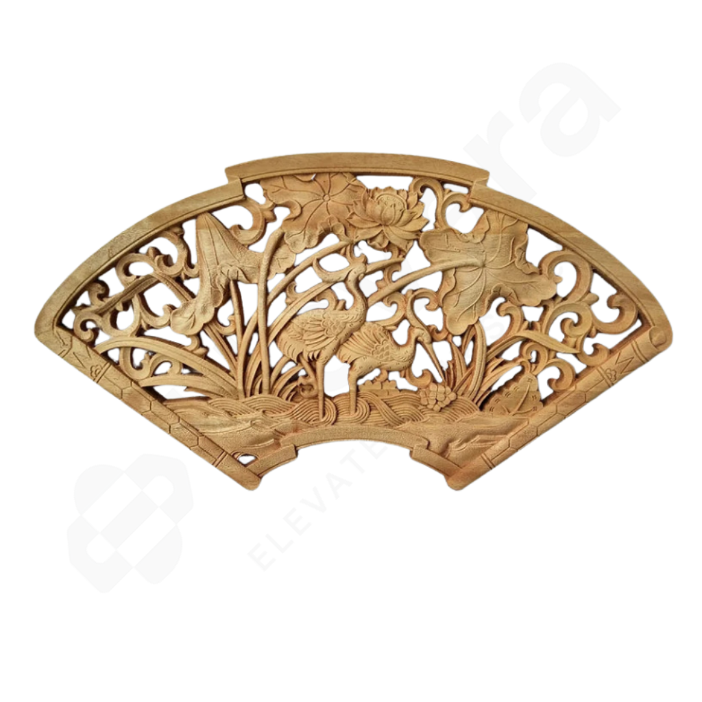 Wooden decorative panel with intricate carvings on a white background