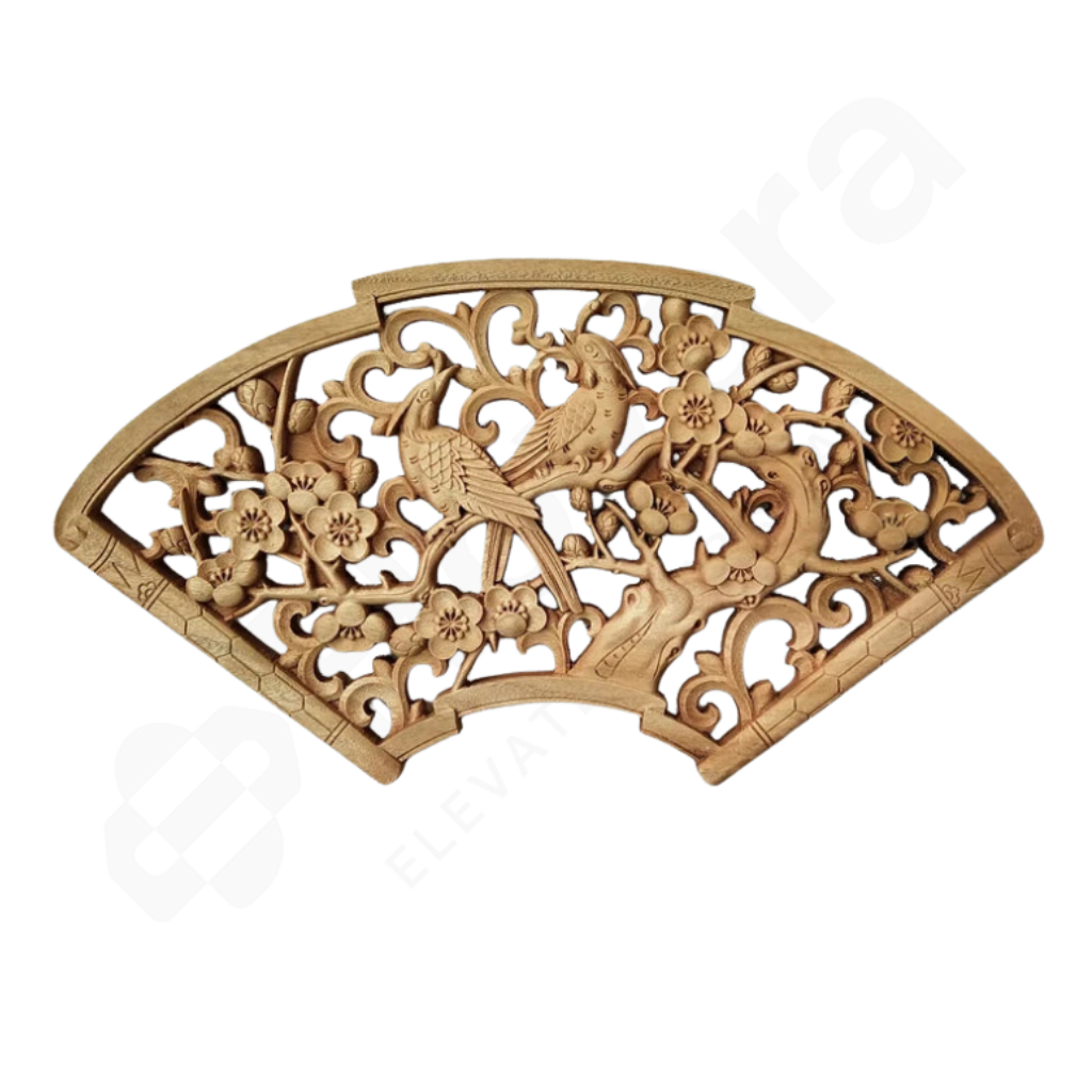 Decorative wooden panel with intricate carvings on a white background