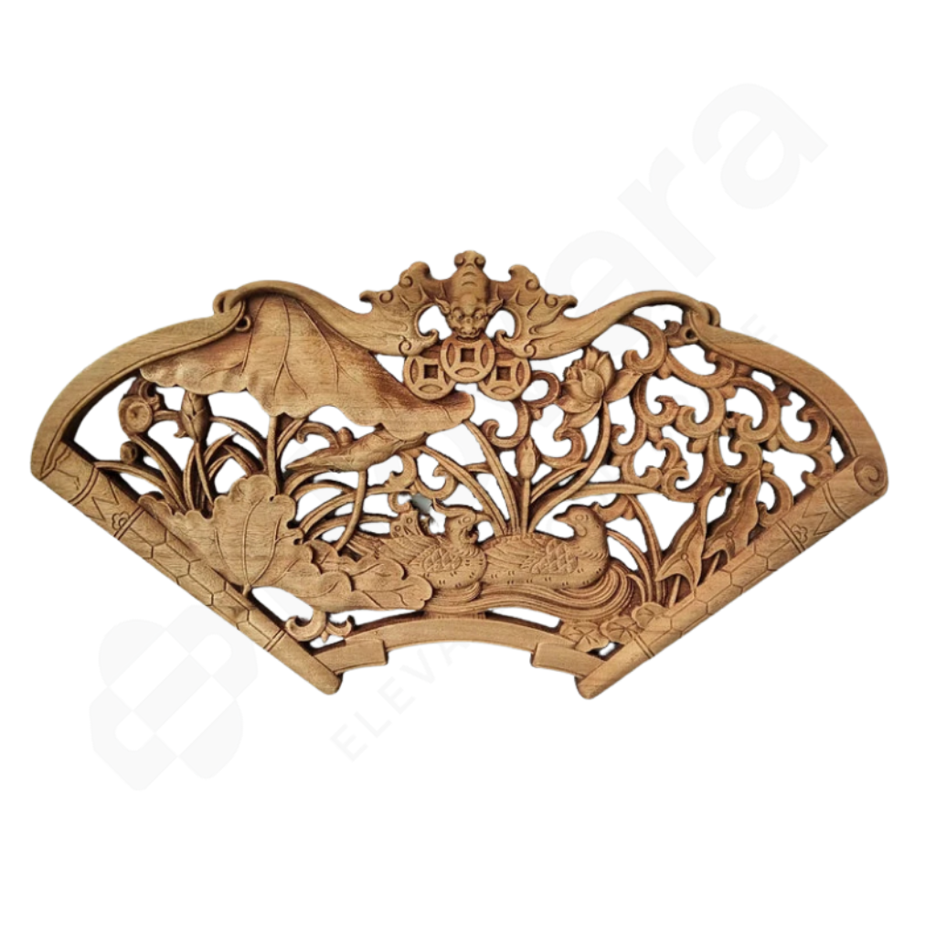Wooden decorative panel with intricate carvings on a white background