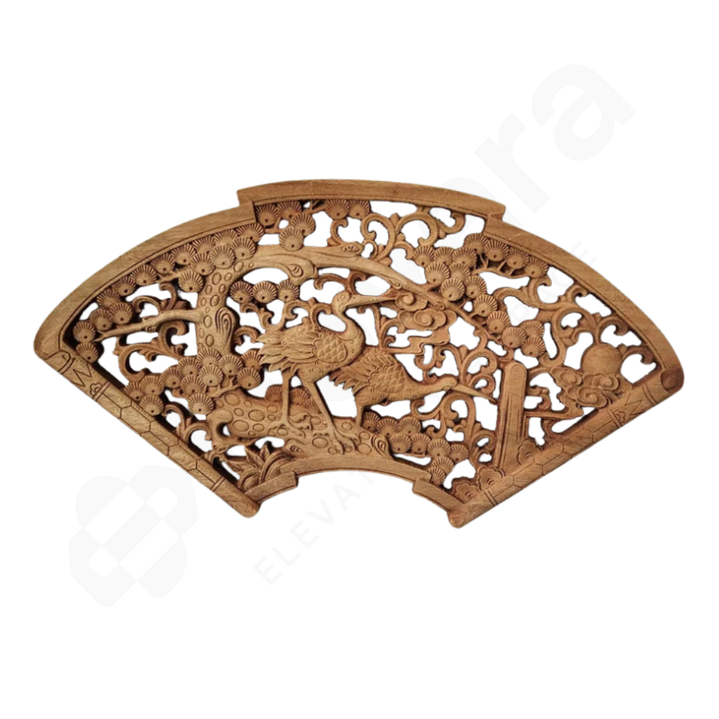 Wooden decorative panel with intricate carvings on a white background