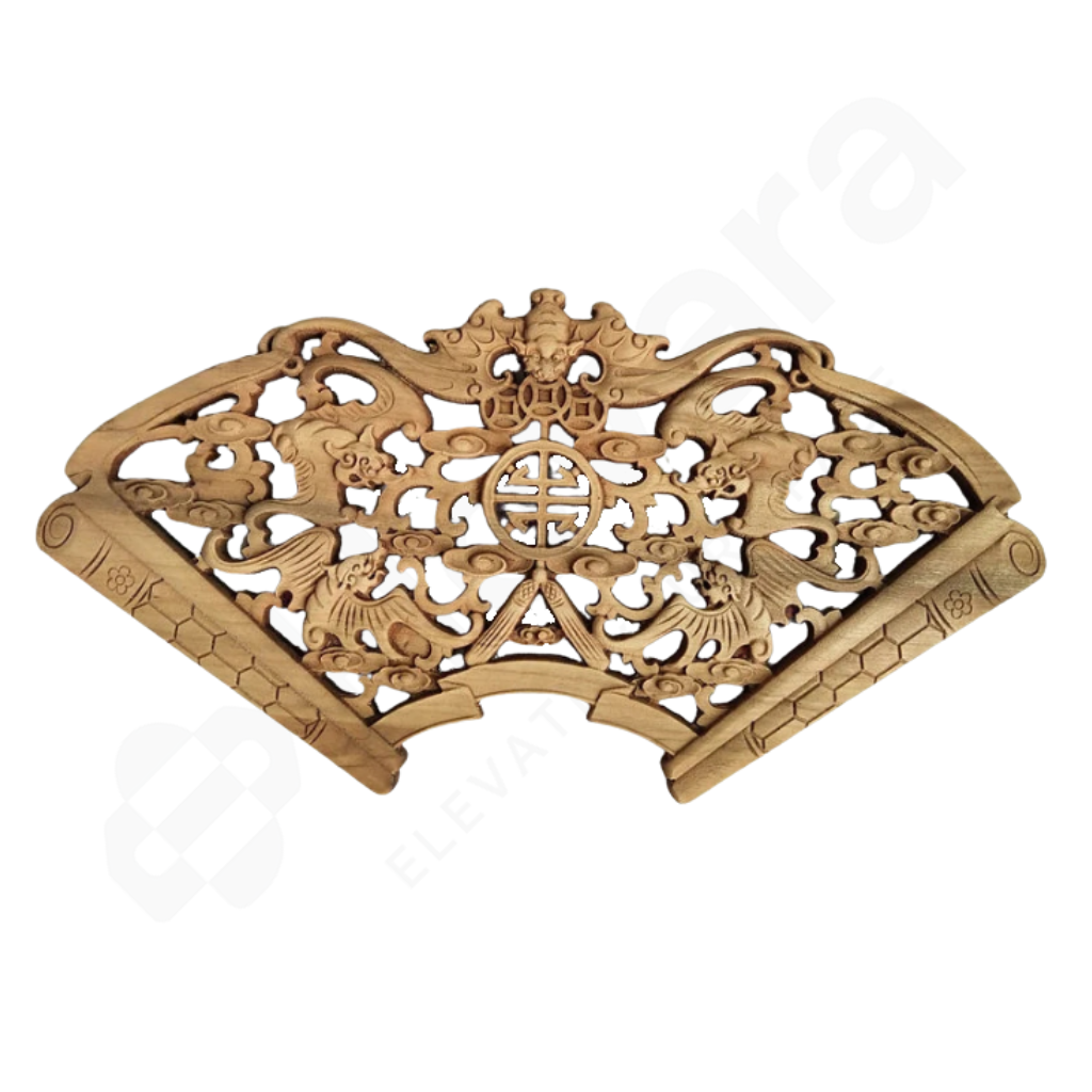 Wooden decorative panel with intricate carvings of bats on a white background