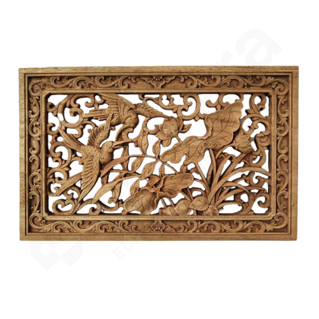 Wooden decorative panel with intricate carvings of birds on a white background
