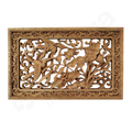Wooden decorative panel with intricate carvings of birds on a white background