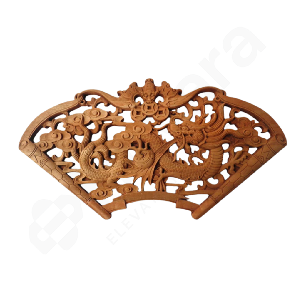 Wooden decorative panel with intricate carvings on a white background
