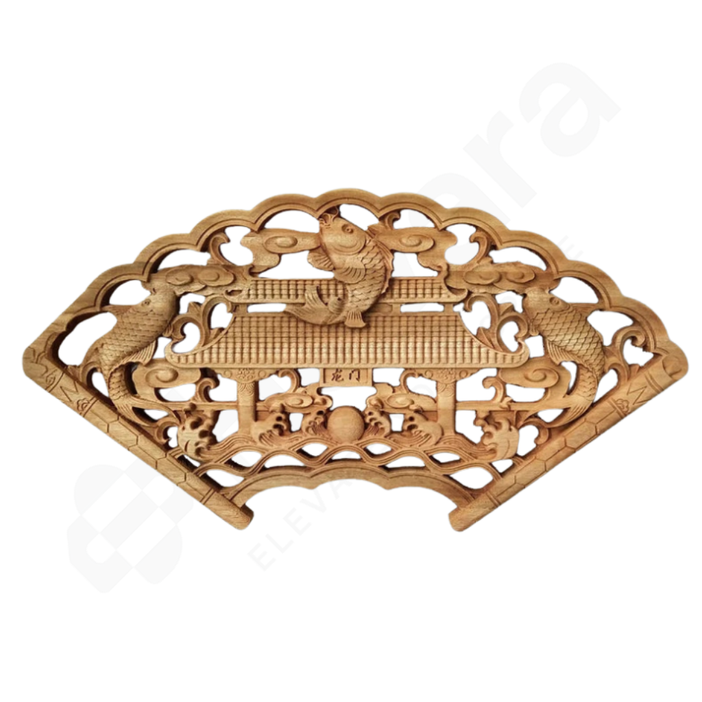 Wooden decorative panel with intricate carvings of fish on a white background