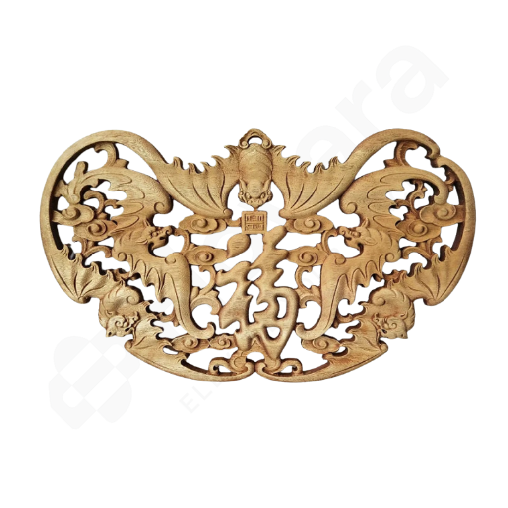 Wooden decorative panel with intricate carvings of bats on a white background