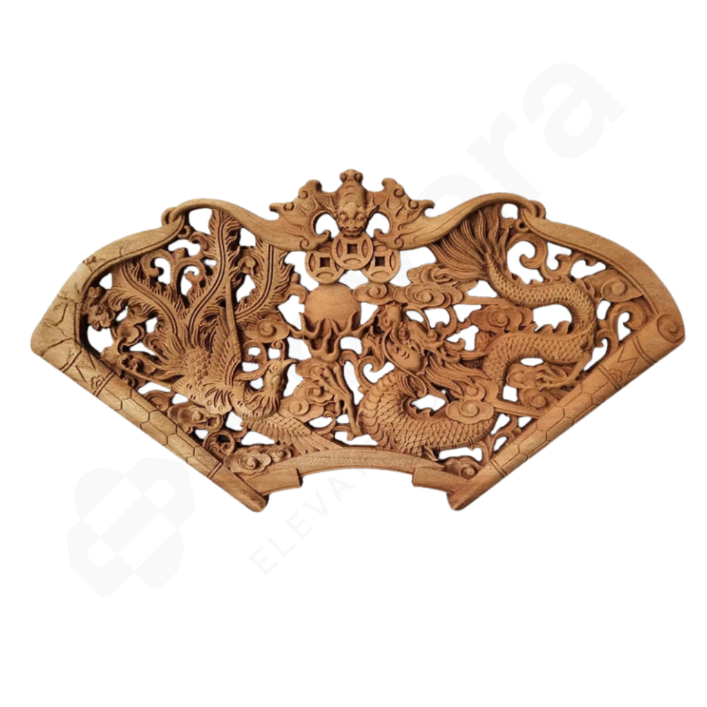 Wooden decorative panel with intricate carvings on a white background