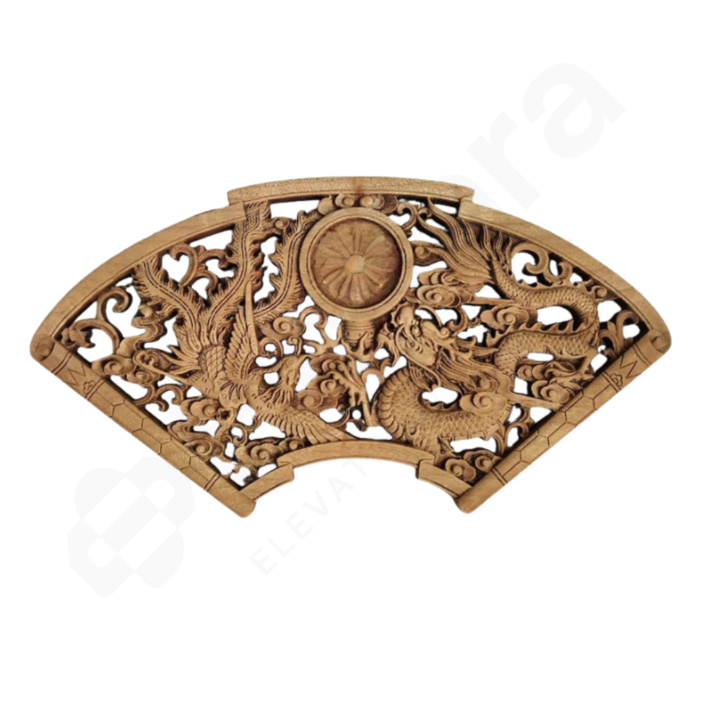 Wooden decorative panel with intricate carvings of dragons on a white background