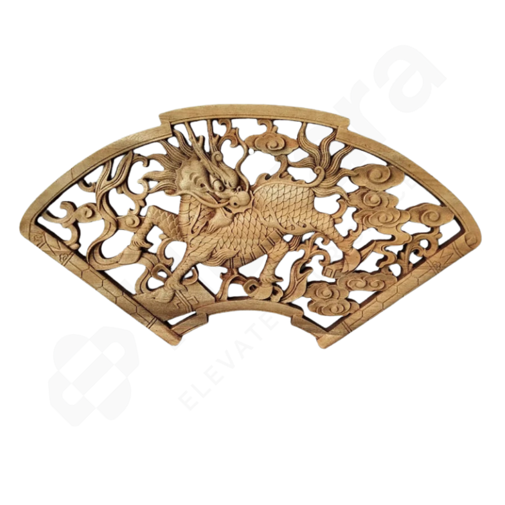 Wooden decorative panel with intricate carvings of dragon on a white background