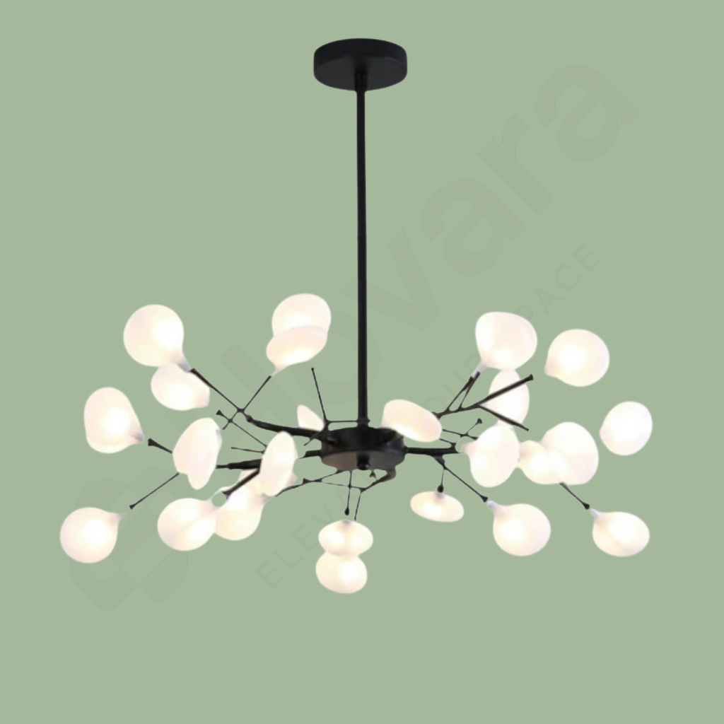 Modern chandelier with multiple light bulbs on a green background