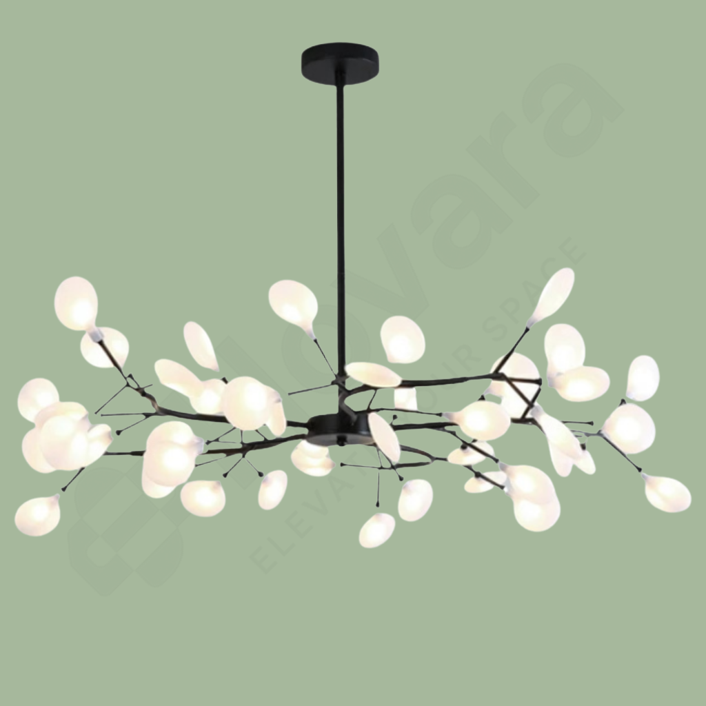 Modern chandelier with white glass shades on a green background